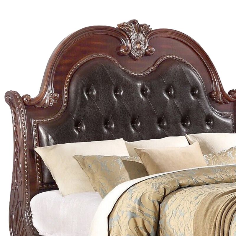 Mano California King Bed, Faux Leather Upholstery, Carved Walnut Brown Wood - Benzara