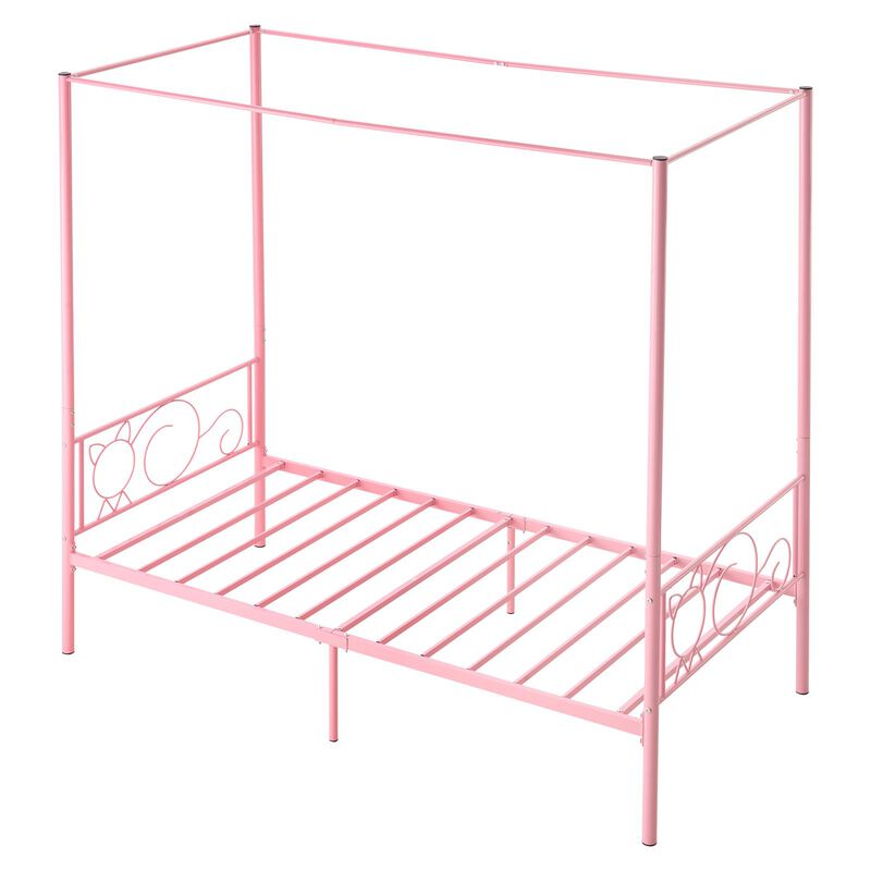Twin Size Metal Canopy Bed Frame with Headboard, Heavy Duty Steel Slats - Pink image number 8