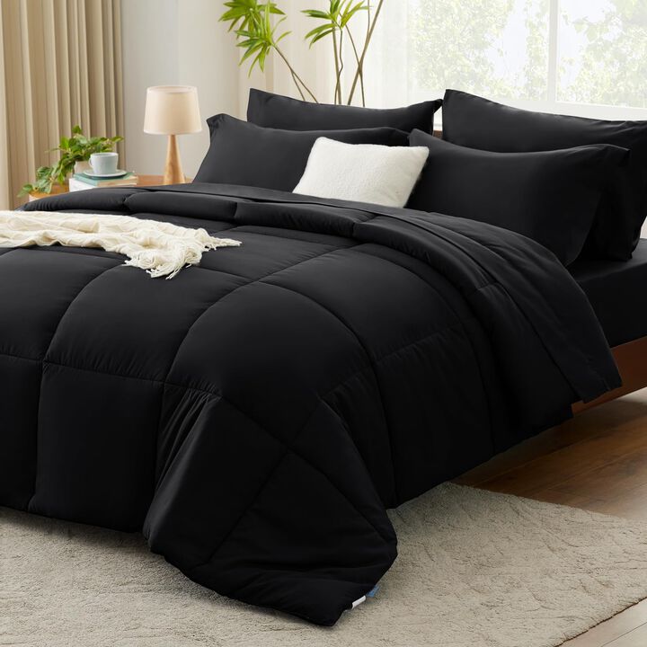 CozyLux Full Size Comforter Sets - 7 Pieces Bed in a Bag Set Black Full, Complete Bedding Sets Bed Set for All Season with Comfo