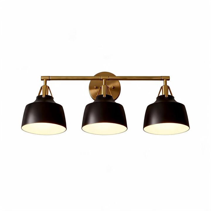 Black and Gold Bathroom Vanity Light, Three-Light Metal Bell Shades