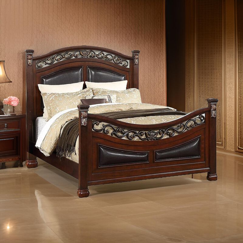 Meo Queen Size Bed, Padded Carved Dark Brown Faux Leather Upholstered - Benzara