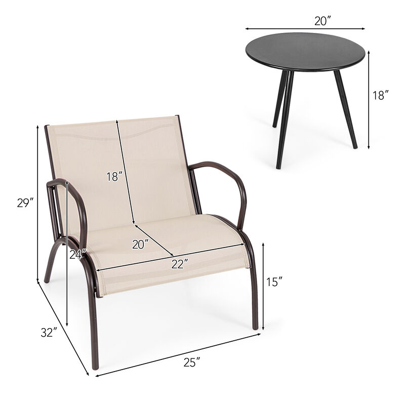 3 Piece Patio Metal Aluminum Wide Armchair and Table Set