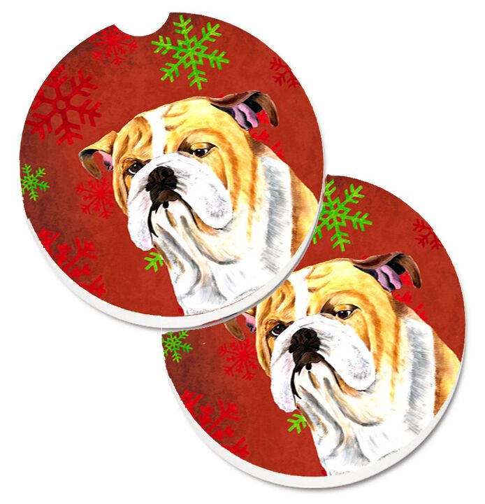 Caroline's Treasures Bulldog English Red & green Snowflakes Holiday Christmas Set of 2 Cup Holder Car Coasters SC9414CARC, 2.56, Multicolor