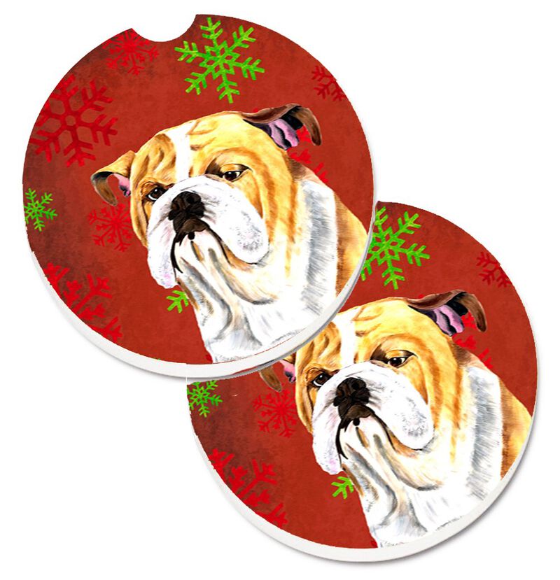Caroline's Treasures Bulldog English Red & green Snowflakes Holiday Christmas Set of 2 Cup Holder Car Coasters SC9414CARC, 2.56, Multicolor image number 0