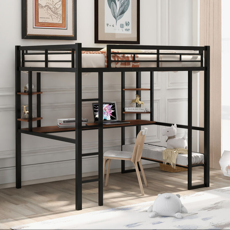 Full Size Loft Metal MDF Bed with Long Desk and Shelves, Black