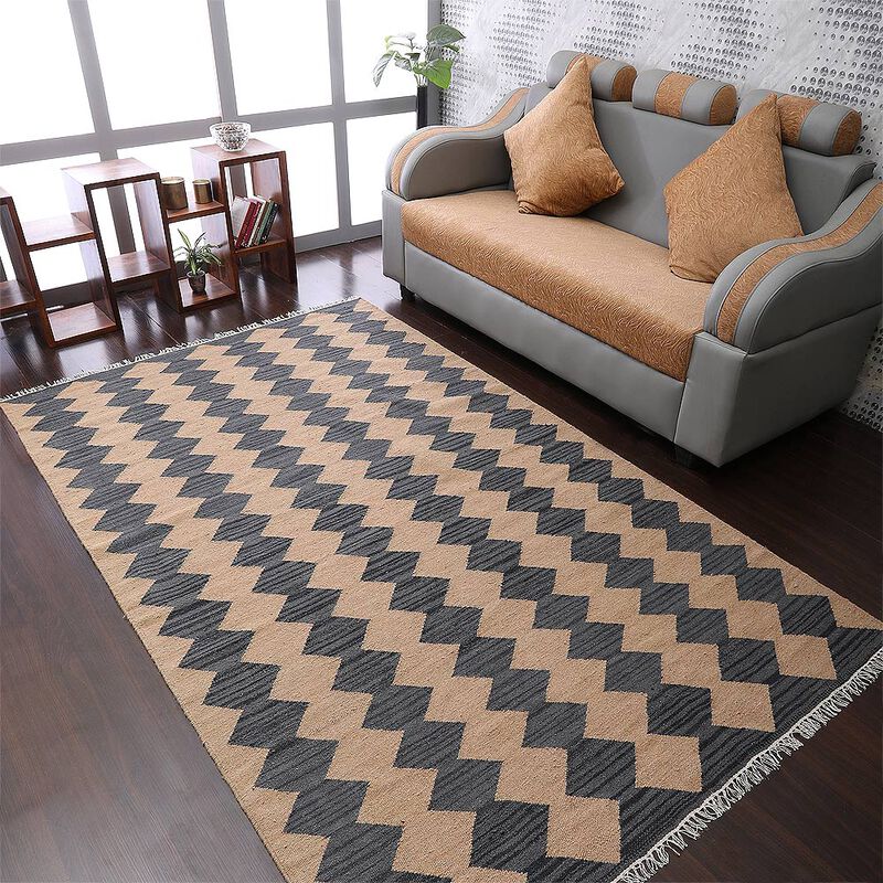 RUGSOTIC CARPETS HAND WOVEN FLAT WEAVE KILIM WOOL ECO-FRIENDLY AREA RUGS  - 5'x8', Rectangle Shape, Brown Charcoal Color, Contemporary Design, Low Pile Handmade Rugs for Living Room (D00108)