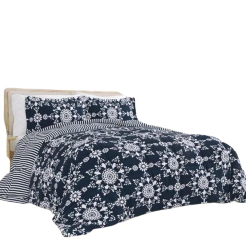 Hivvago King size 3 Piece Navy Blue White Reversible Floral Striped Comforter Set