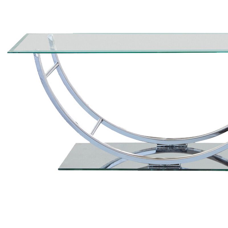 Tempered Glass Top Coffee Table with U Shape Metal Frame, Chrome and Clear-Benzara