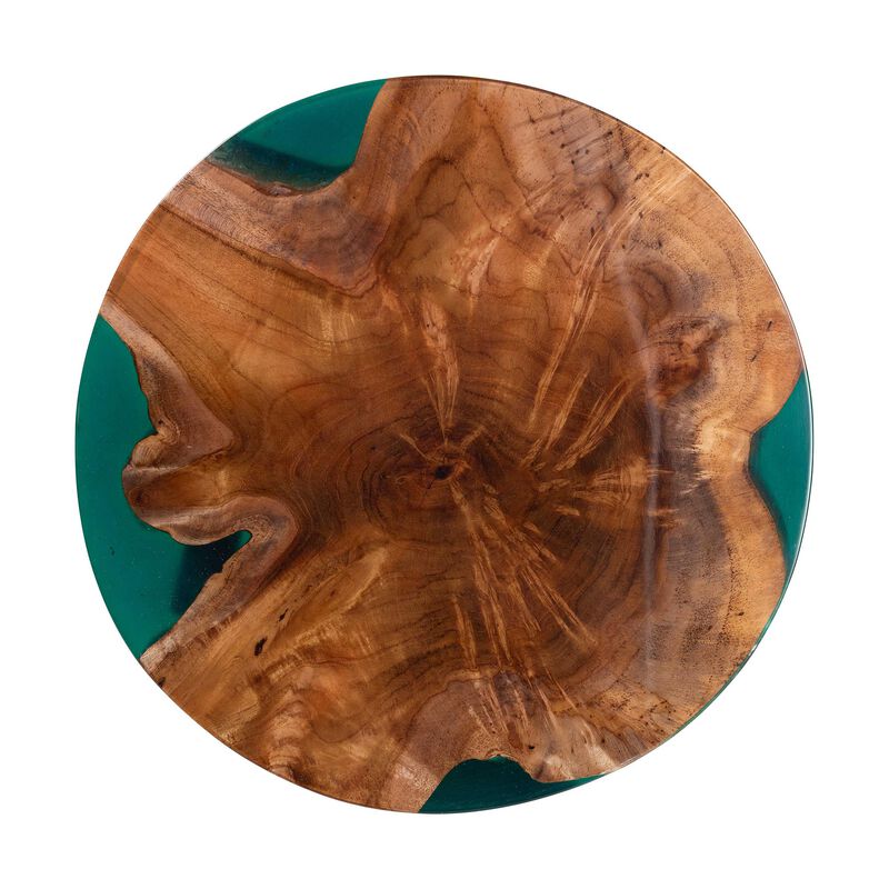 bali & pari Anan Teak Wood Epoxy Resin End Table - Round Live Edge Side Table with Black Metal Legs, Handcrafted Modern Rustic Accent Table for Living Room or Bedroom, Round