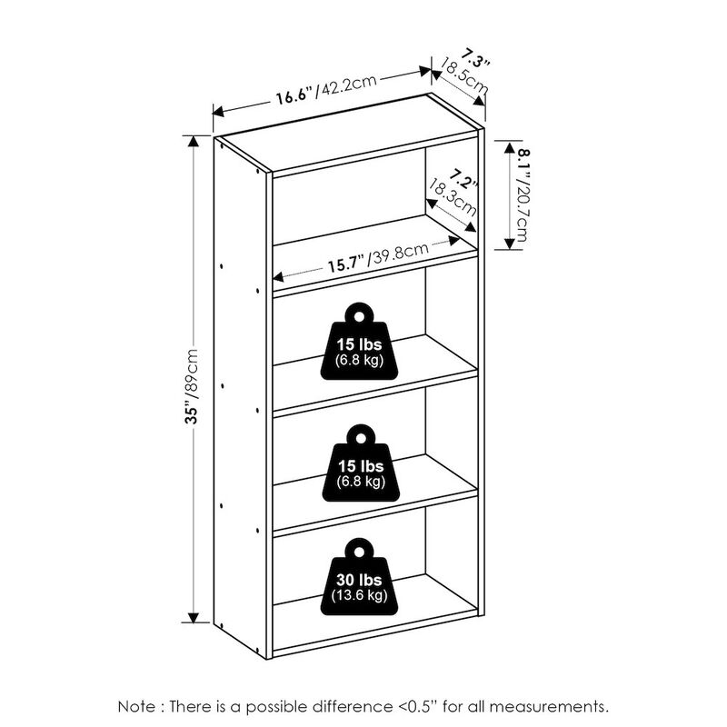 Basic 4-Tier Open Shelf Bookcase, Bookshelf, Storage Organizer, 7 x 17 x 35