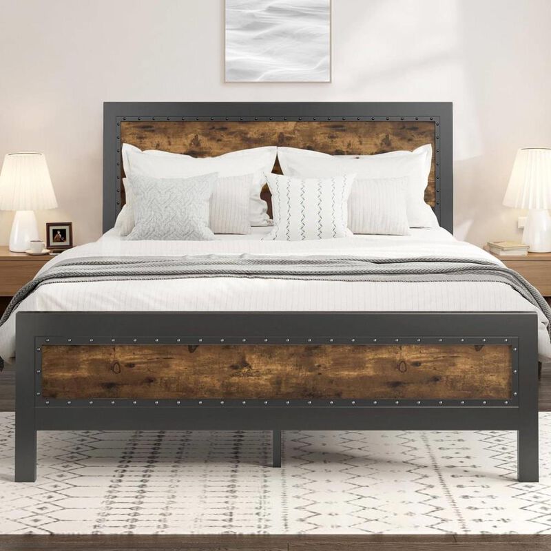 Hivvago Full Industrial Rivet Platform Bed Frame with Headboard in Rustic Wood Finish