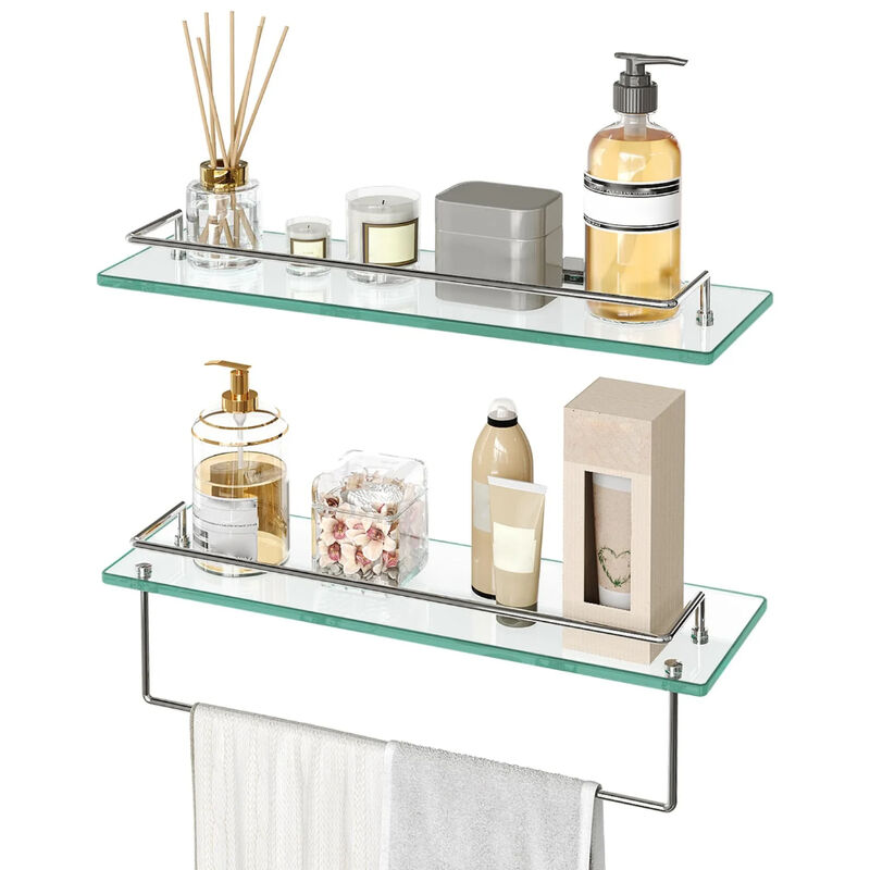 Wall-Mounted Glass Shelves Set of 2 with Durable Stainless Steel Frame-Silver image number 3