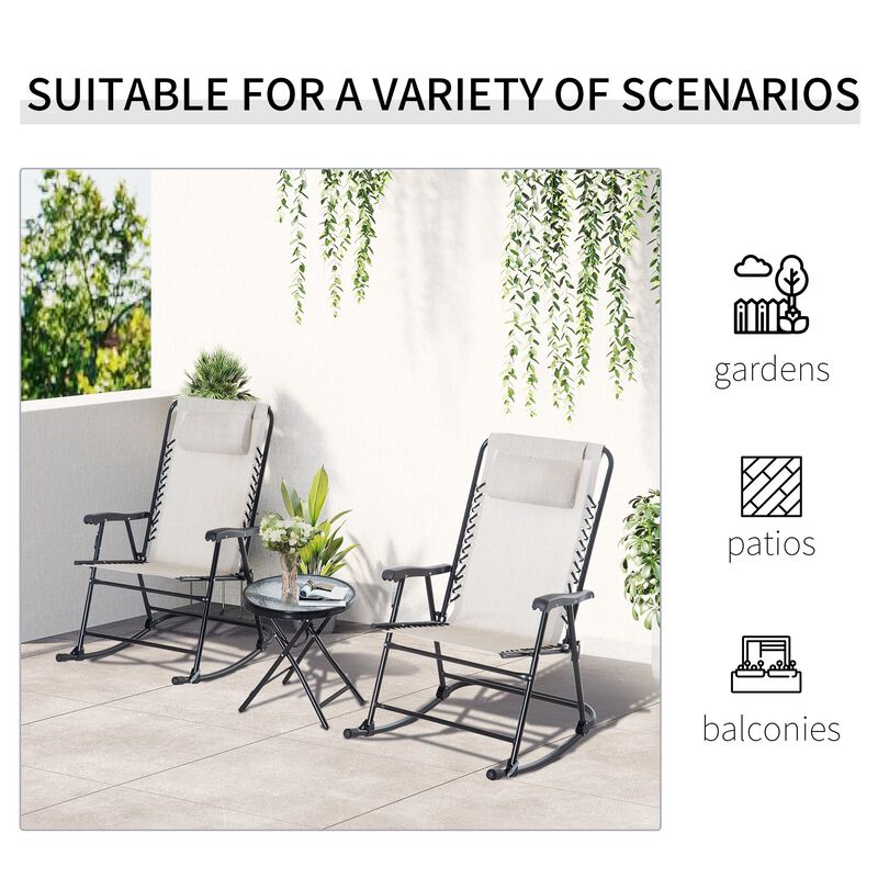 Cream Outdoor Ensemble: 3-Piece Folding Rocking Set with Glass Table