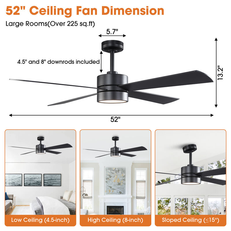 52 in. Smart Matte Black Reversible Blades Ceiling Fan with RGB Light and APP Control & Remote