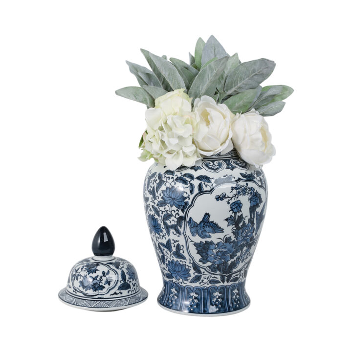Cer, 18"h Flowers Temple Jar, Blue