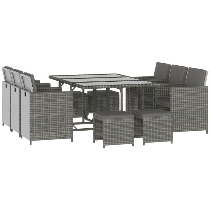 11 Pieces Patio Wicker Dining Sets, Space Saving Outdoor Sectional Conversation Set w/ Dining Table, Ottoman and Chair for Lawn, Dark Grey