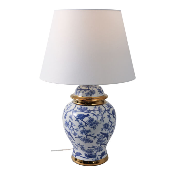 19" Chinoiserie Birds Table Lamp Gold Trim, White/