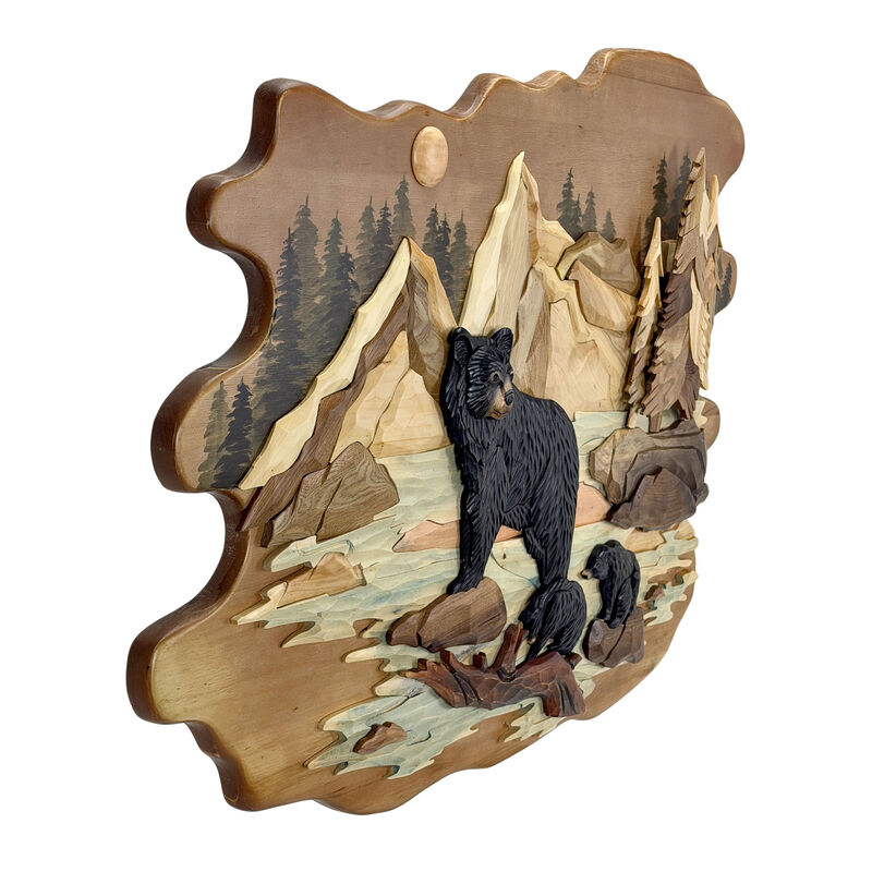 Bear Family River 25.5x34 Intarsia Wood Wall Sculpture Rustic Cabin Art image number 1
