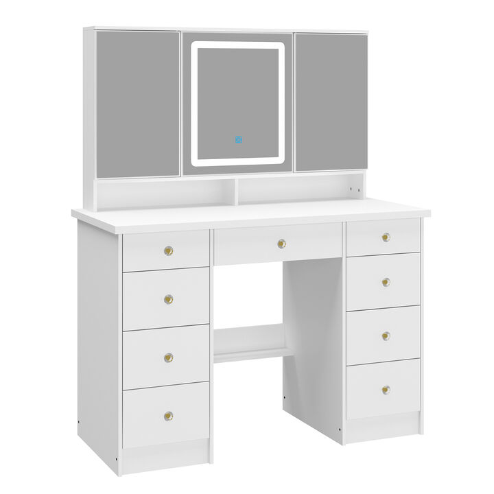 White Modern Makeup Vanity Desk 9 Drawers Wood Dressing Table With 3 Mirrors, Hidden Storage Shelves, LED Lighted