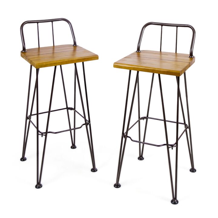 Rih Barstool Low Back Chair Set of 2, Black Metal, Brown Acacia Wood - Benzara