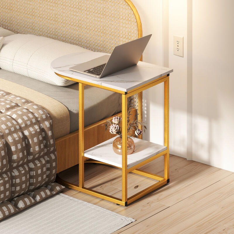 Space-Saving C-Shaped Sofa Side Table with Faux Marble and Storage Shelf