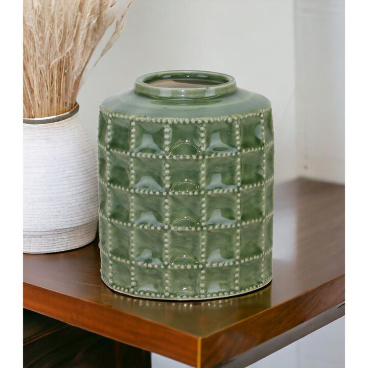 Hivvago 7 Inch Green Terracotta Geometric Cylinder Table Vase