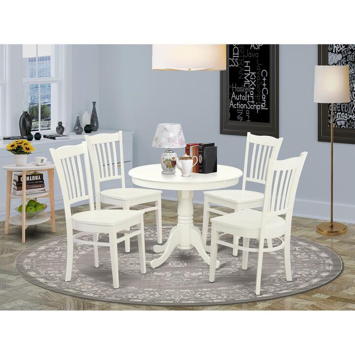5 Pc set with a Kitchen Table and 4 Wood Kitchen Chairs in Linen White.