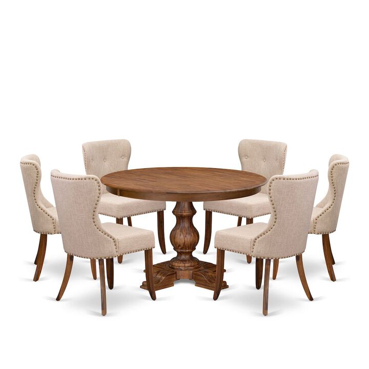7-Pc Kitchen Set Of A Pedestal Dining Table, 6 Light Tan Fabric Kitchen Chairs