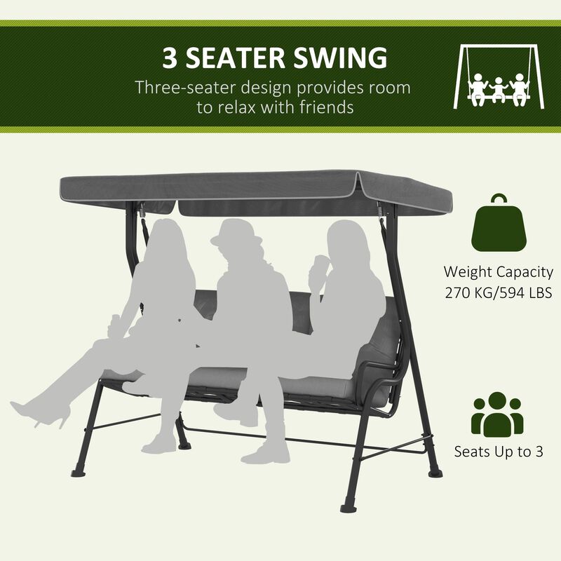 3-Seat Patio Swing Chair, Outdoor Canopy Swing with Adjustable Shade, Cushion, for Porch, Garden, Poolside, Backyard, Grey image number 6