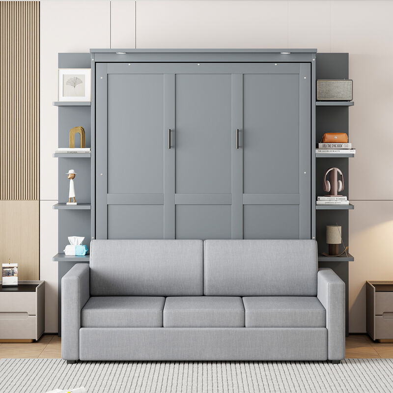 Whisen Modern Design Wood Frame Queen Size Murphy Bed Wall Bed with Sofa and Shelves - Grey