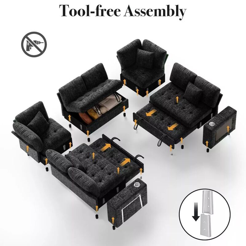 Vipbear 110" Modular Sectional Sleeper Sofa, 8-Seater Chenille U-Shaped Couch with Pull-Out Beds image number 6