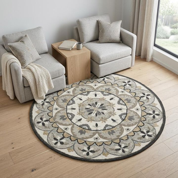 HomeRoots Round Wool Floral Handmade Area Rug