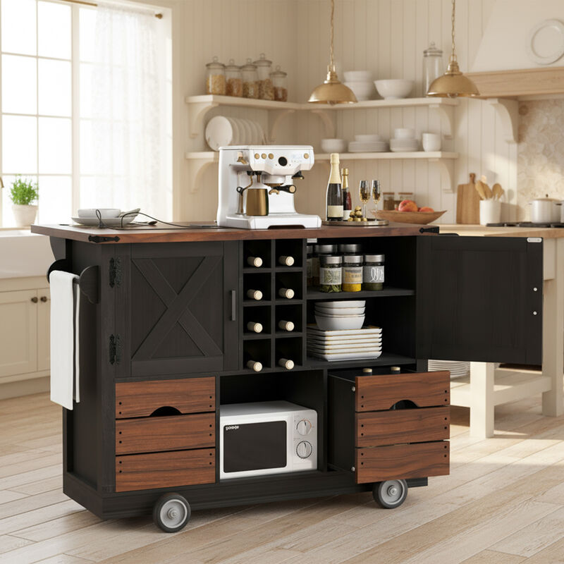 Whisen 54" Farmhouse Kitchen Island with 2 Drawers, Power Outlet & Adjustable Shelves, MDF for Kitchen & Dining image number 3