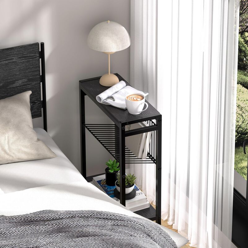 Homedawn Small End Table for Small Space, 3-Tier Narrow Side Table with Magazine Holder,Small Nightstand, Skinny Snack Couch Tab