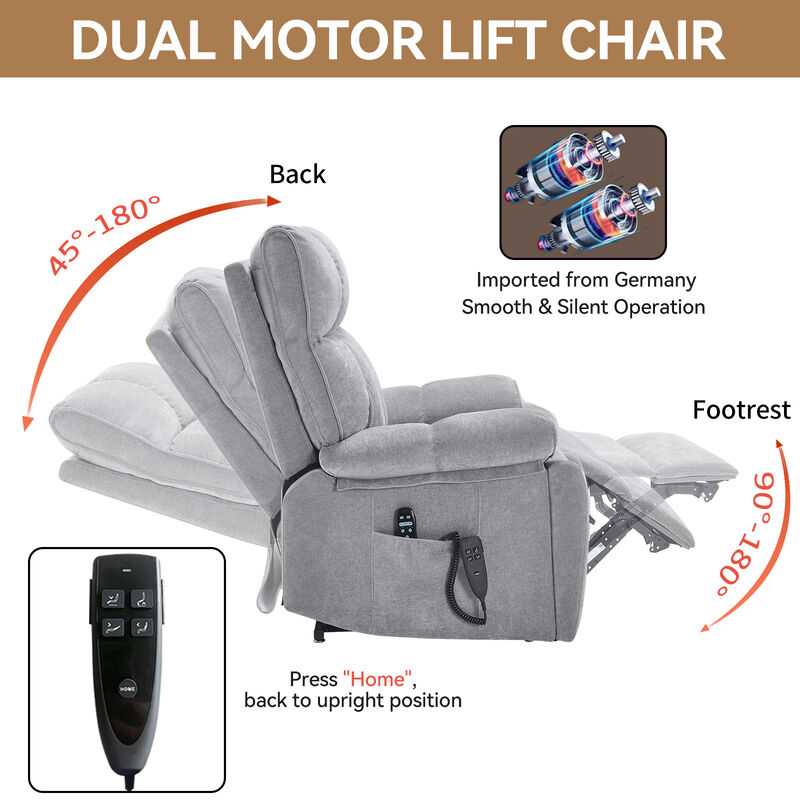 Grey Heat Massage Dual Motor Infinite Position Up to 350 LBS Large Electric Power Lift Recliners with Hidden Cup Holders, Power-Remote, Medium-firm and Heavy Duty