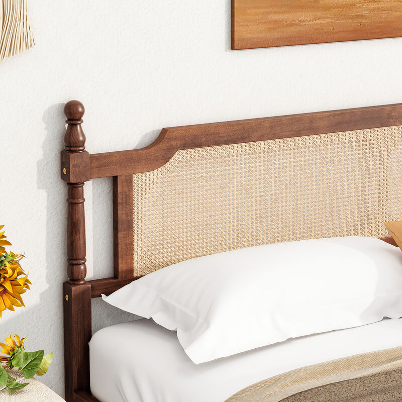Whisen King Pine Wooden Bed with Rattan Headboard and Footboard, with Central Enhanced Bed Platform image number 4