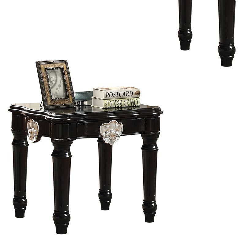 Wooden End Table With Contrast Carved Motif Turned Legs, Black-Benzara