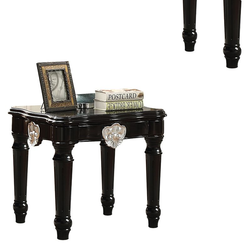 Wooden End Table With Contrast Carved Motif Turned Legs, Black image number 4