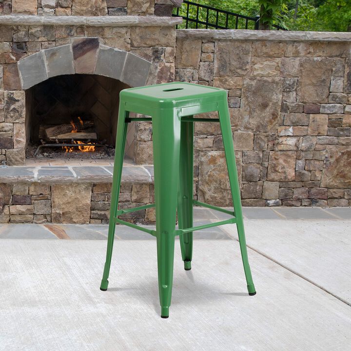 Flash Furniture Commercial Grade 30" High Backless Green Metal Indoor-Outdoor Barstool with Square Seat