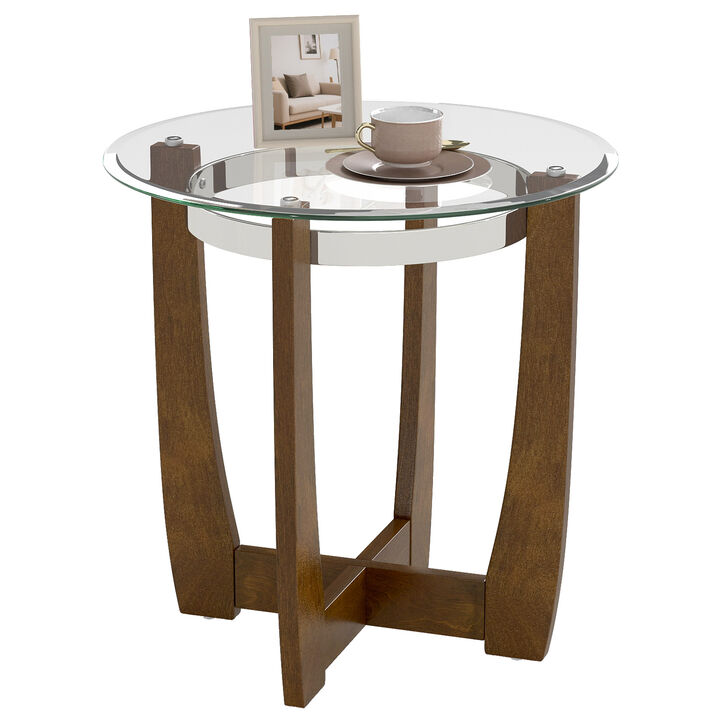 Round End Table with Tempered Glass Surface and Solid Wood Base