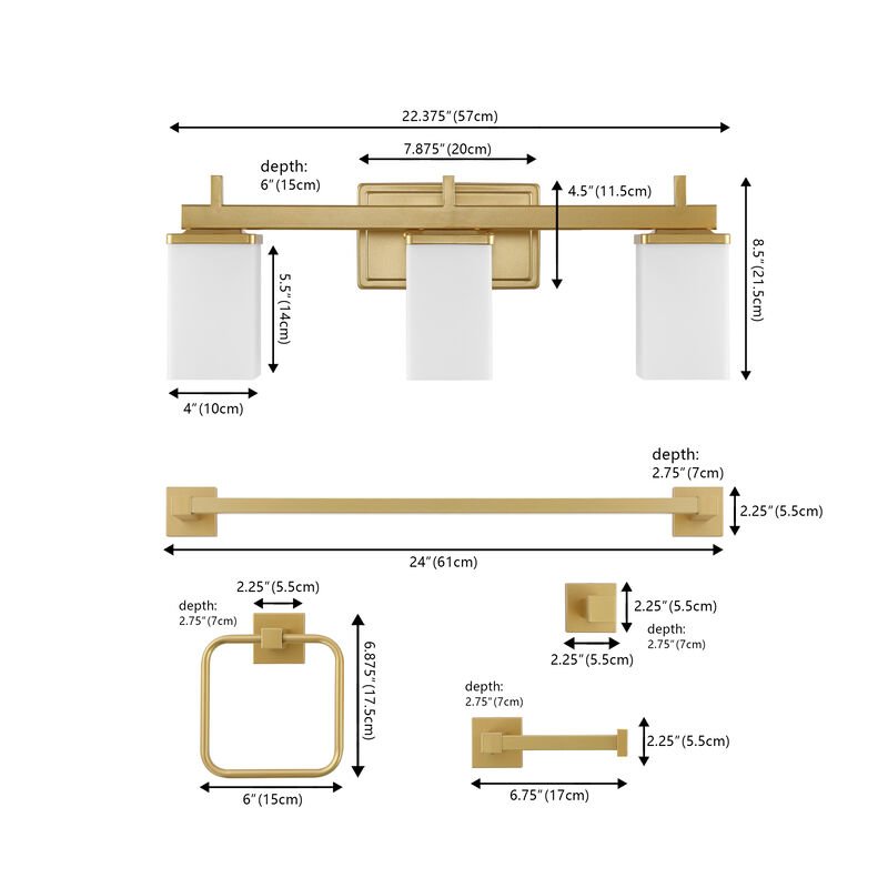 Caia 22.38" 3-Light Modern Contemporary Vanity Light with Frosted Glass Shades and Bathroom Hardware Accessory 5-Piece Set