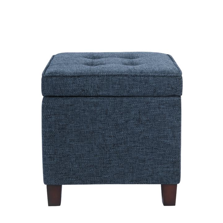 Hery Storage Ottoman, 18 Inch Square Tray Top, Navy Blue Woven Fabric