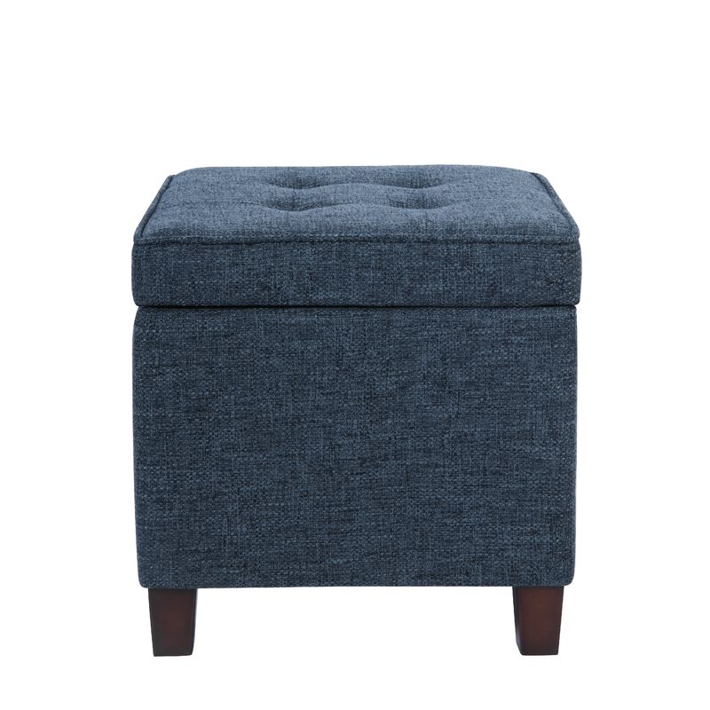 Hery Storage Ottoman, 18 Inch Square Tray Top, Navy Blue Woven Fabric