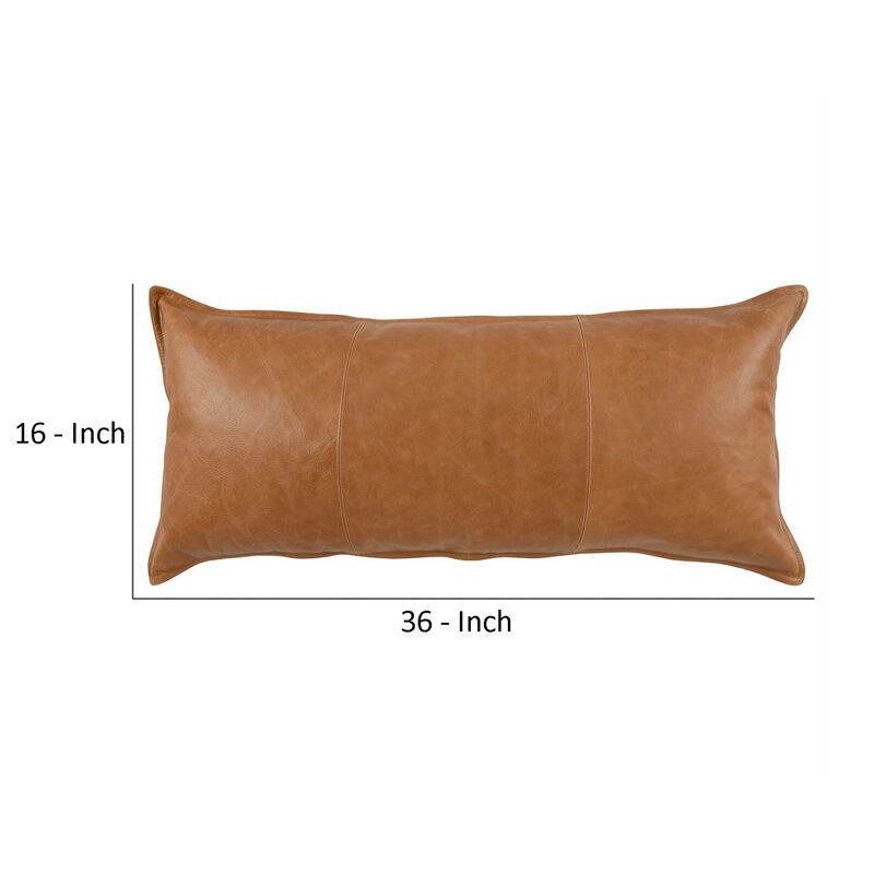 Rectangular Leatherette Throw Pillow with Stitched Details, Large, Brown - Benzara