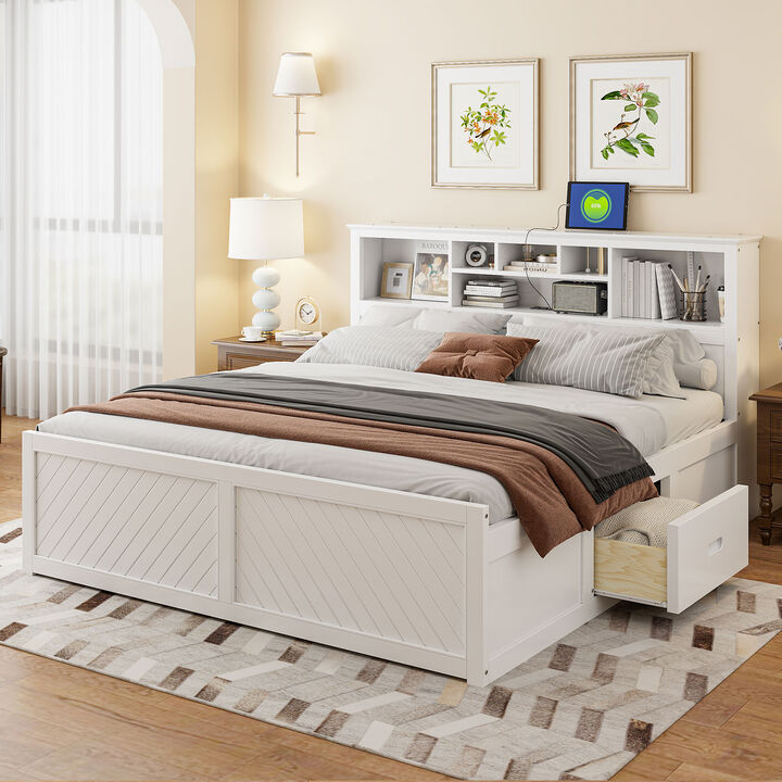 Whisen King Size Wood Platform Bed with Multi-storage Headboard, USB and Drawers