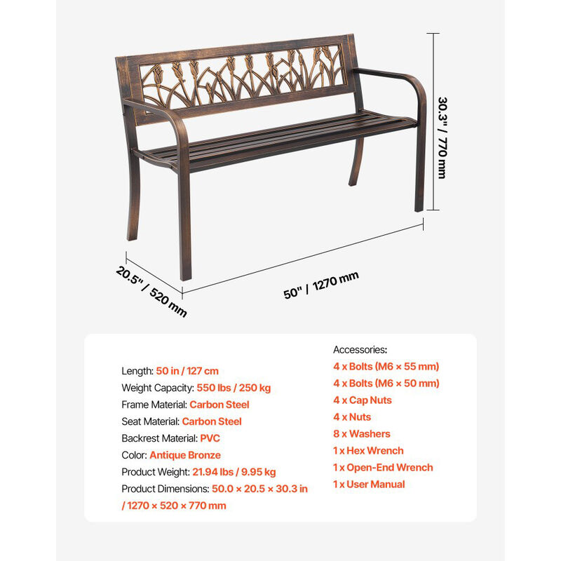 Antique Bronze Outdoor Bench with Floral Pattern, Metal Patio Garden Seating image number 2