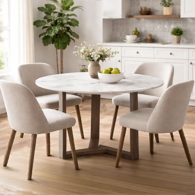 Fina 48 Inch Round Dining Table, White Genuine Marble Top, Natural Brown Mango Wood 3 Leg Sled Base image number 6