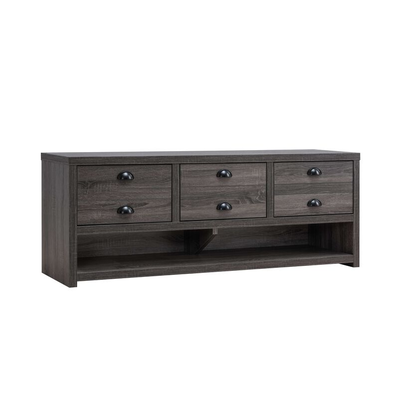 Distressed Grey TV Stand with 3 Drawers and Open Bottom Shelf