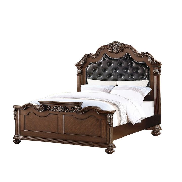Simple Relax Queen Size Wooden Bed With Padded Headboard in Dark Cherry Finish