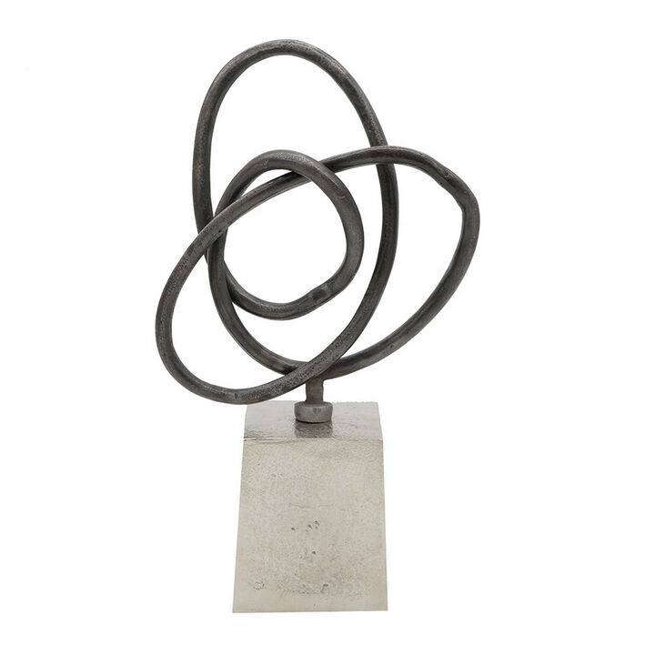 9 Inch Table Sculpture, Abstract Loop Design, Block Base, Black, Silver - Benzara